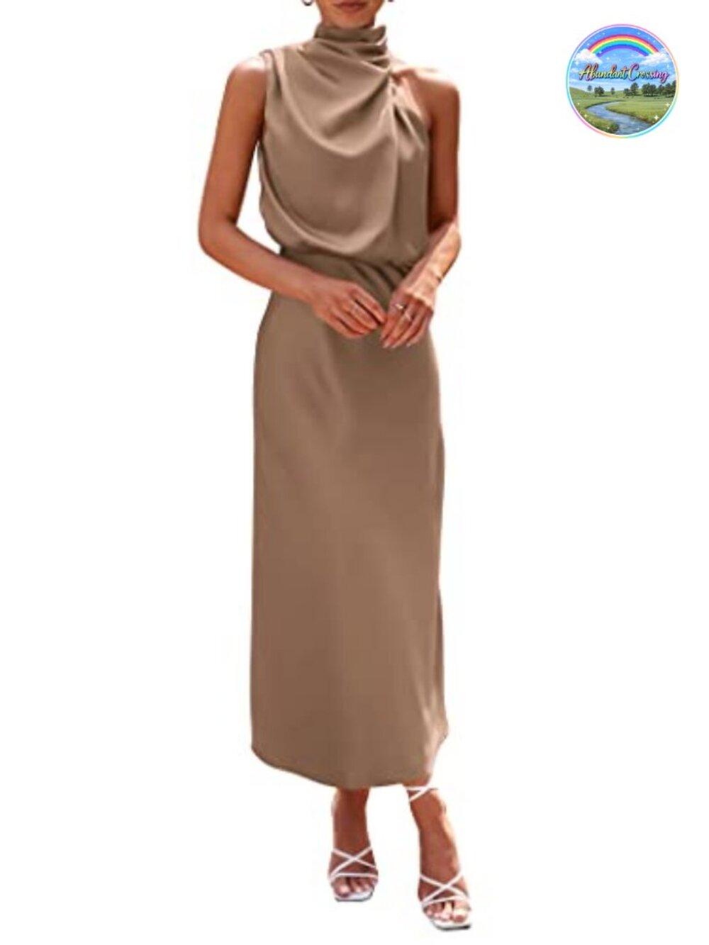 Satin Maxi Dress Sleeveless Mock Neck High Waist A-Line Cocktail Wedding Guest